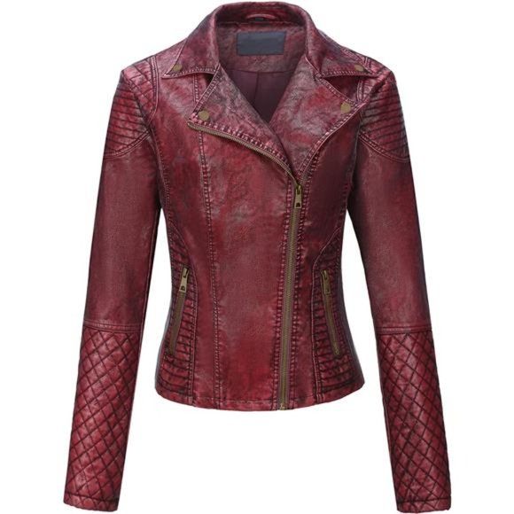 Red Faux Leather Moto Jacket Fitted Quilted Bomber Motorcycle Biker Jacket Coat - Picture 7 of 8
